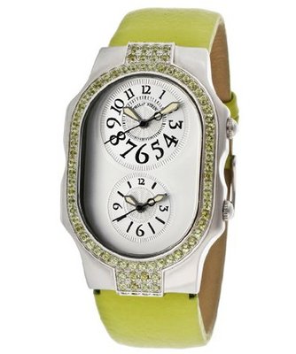 Dual Time Light Silver Dial Light Green Genuine Textured Leather