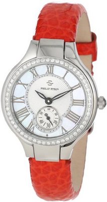 Philip Stein 44D-CMOP-CGRR Round Diamond Mother-Of-Pearl Red Grainy Calf Strap