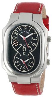 Philip Stein Unisex 2-BK-CSTR Signature Black Dual Time Zone Dial Red Stitched Calf Strap