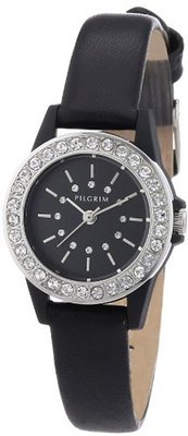 Pilgrim Quartz sort rem/sort skive 701336107 with Leather Strap