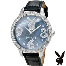 Playboy Bunny Logo Blue Shell Face Swarovski Crystals Black Strap Ladies Designer Fashion Official PBH0508BLBKB