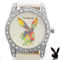 Playboy Bunny Logo Flower Power Retro Style Swarovski Crystals White Strap Ladies Designer Fashion Official