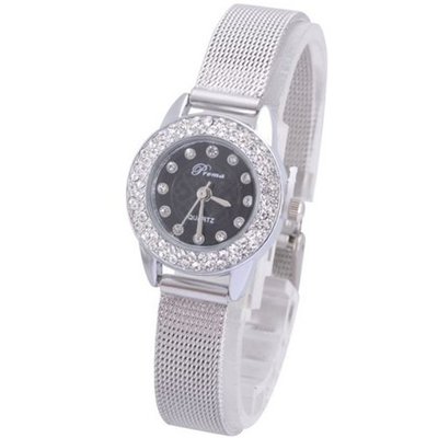 Graceful Steel band Round Dial Quartz Rhinestone for Ladies Black