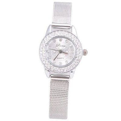 Graceful Steel band Round Dial Quartz Rhinestone for Ladies Silver