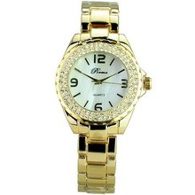 Woman Beautiful Crystal Rhinestones Quartz Movement with Round Dial Golden