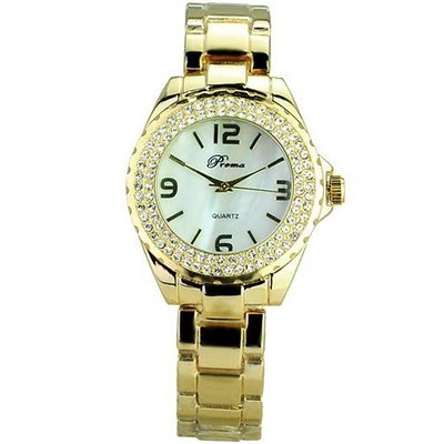 Woman Beautiful Crystal Rhinestones Quartz Movement with Round Dial Golden