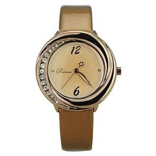 Woman Beautiful PU Leather Wristband Casual Rhienstone with Round Dial-Brown