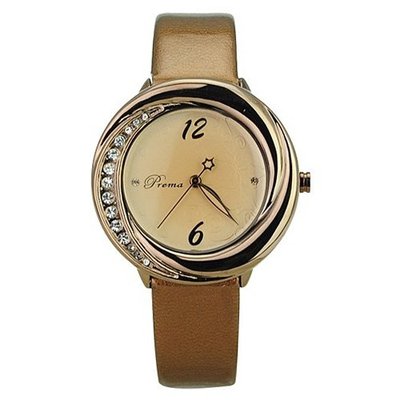 Woman Beautiful PU Leather Wristband Casual Rhienstone with Round Dial-Brown