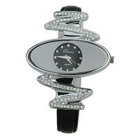 Woman Novelty PU Leather Wristband Strap Rhinestone with Round Dial-Black