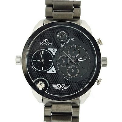 Prince London Gents Triple Time Zone Black Dial Gun-Metal Strap PI-3060