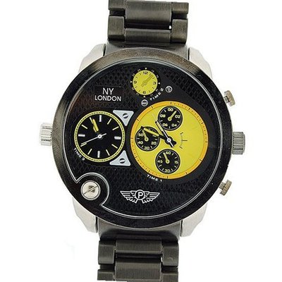 Prince London Gents Triple Time Zone Yellow Dial Gun-Metal Strap PI-3060