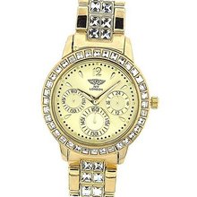 Prince London Gold Crystal Set Bezel & Bracelet Metal Strap Ladies PI-7060