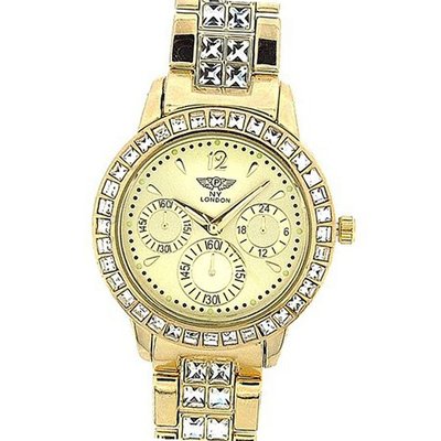 Prince London Gold Crystal Set Bezel & Bracelet Metal Strap Ladies PI-7060