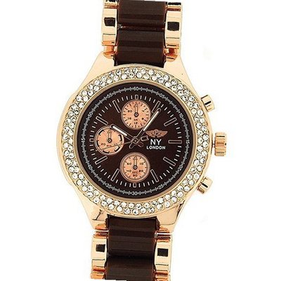 Prince London Ladies Stone Set Bezel Rose Gold & Brown Metal Strap PI-7011