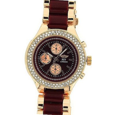 Prince London Ladies Stone Set Bezel Rose Gold Burgundy Metal Strap PI7011