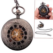 Classic Roman Numerals Black Tone  Unisex Golden Skeleton Mechanical Pocket