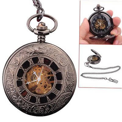 Classic Roman Numerals Black Tone  Unisex Golden Skeleton Mechanical Pocket