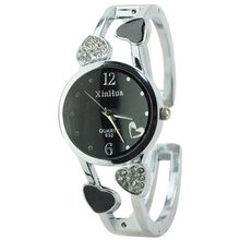 Graceful Rhinestone Heart Round Dial Quartz Bracelet for Ladies-Black