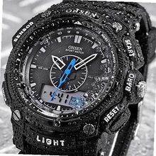 OHSEN LCD Dual Core Date Day Stop Rubber Band Dive Sport Quartz Wrist es - Black - JUST ARRIVE!!!
