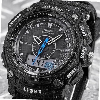 OHSEN LCD Dual Core Date Day Stop Rubber Band Dive Sport Quartz Wrist es - Black - JUST ARRIVE!!!