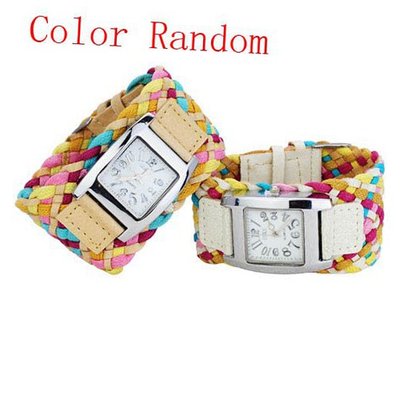 Pretty Colorful Korean Rope Braided Leather Cord Band Quartz Bracelet -Random Color - JUST ARRIVE!!!