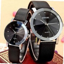 SINOBI Crystal Alloy Case Elegant Couple Quartz Black Leather Casual Wrist