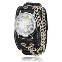 Unique Skull Design PU Leather Wristband Round Dial Wrist with Chain - Black - JUST ARRIVE!!!