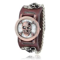 Unique Skull Design PU Leather Wristband Round Dial Wrist with Chain - Brown - JUST ARRIVE!!!