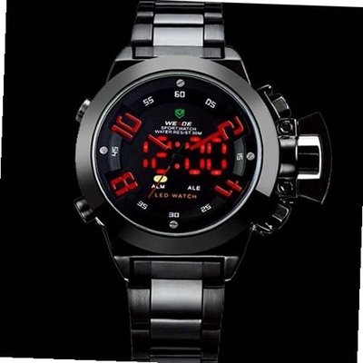 Weide Black Steel Japan Movt Digital Analog Led  Diver - Red Needle - JUST ARRIVE!!!
