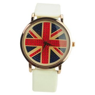 WoMaGe 9326 Metal Golden Round Dial with British Flag PU Leather Band Quartz Movement Casual - White - JUST ARRIVE!!!