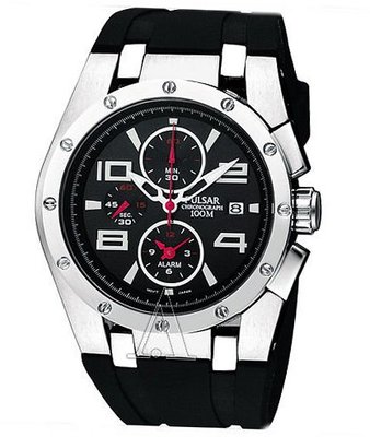 Pulsar Chronograph Stainless Steel Case Rubber Strap Black Dial Quartz Movement Chronograph PF3761
