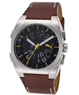 Black Dial Digital/Analog Brown Genuine Leather