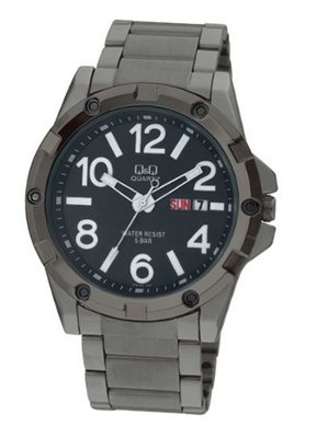 Q and Q  Black Stainless Steel Band Black Dail with Day and Date