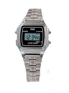 Q&Q #LLA1-301Y Metal Silver Band Alarm LCD Digital