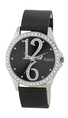 Rebel Ladies Analogue Black Dial Diamante Bezel & Black PU Strap REB2021