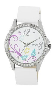 Rebel Ladies Flower Motiff White Dial Diamante Bezel White PU Strap 2019