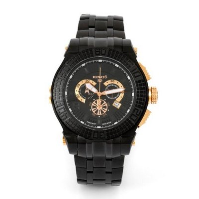 Renato Black Buzo 52 Swiss Quartz Hand Made Divers Chronograph Stainless Steel Bracelet with Gold Control Buttons