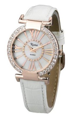 uRiana Ladies Luxury Crystal Diamond Bezel White Leather Band Rose Gold Case Roman Numeral - RCW0086 