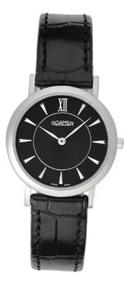 Ladies/ Stainless Steel Roamer Quartz/Battery on Black Leather Strap with Sapphire Glass. BL52.14ROX
