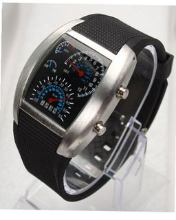 RoKo Fashionable Blue LED Light Steel Case Aviation Speedometer Analog Wrist Black