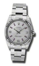 Rolex Airking Silver Arabic Pink Stick Dial Fluted 18kt White Gold Bezel Oyster Bracelet 114234SAPSO