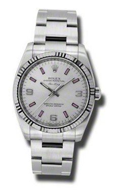 Rolex Airking Silver Arabic Pink Stick Dial Fluted 18kt White Gold Bezel Oyster Bracelet 114234SAPSO