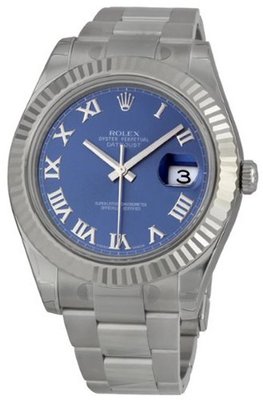 Rolex Datejust II Blue Roman Dial Fluted 18k White Gold Bezel Oyster Bracelet 116334BLRO