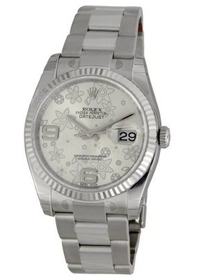 Rolex Datejust Silver Floral Arabic Dial Oyster Bracelet Fluted Bezel 116234SAFO