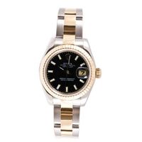 Rolex Ladys New Style Heavy Band Stainless Steel & 18K Gold Datejust Model 179173 Oyster Band Fluted Bezel Black Stick Dial