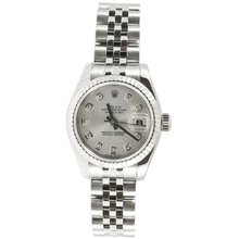 Rolex Ladys New Style Heavy Band Stainless Steel Datejust Model 179174 Jubilee Band 18K White Gold Fluted Bezel Silver Diamond Dial