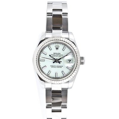 Rolex Ladys New Style Heavy Band Stainless Steel Datejust Model 179174 Oyster Band 18K White Gold Fluted Bezel White Stick Dial