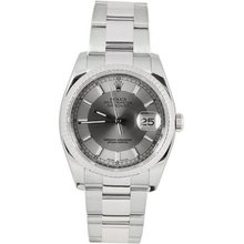 Rolex New Style Heavy Band Stainless Steel Datejust Model 116234 Oyster Band 18K White Gold Fluted Bezel Silver/Slate Stick Dial