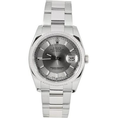 Rolex New Style Heavy Band Stainless Steel Datejust Model 116234 Oyster Band 18K White Gold Fluted Bezel Silver/Slate Stick Dial