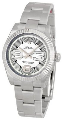 Rolex No Date Silver Dial Oversized Arabic Markers 18k White Gold Fluted Bezel Unisex 177234SMAXI